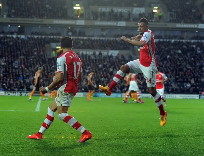 Framed Print : Arsenal's First Goal Celebration: Alexis Sanchez and Francis Coquelin vs. Hull City, Premier League 2014 / 15