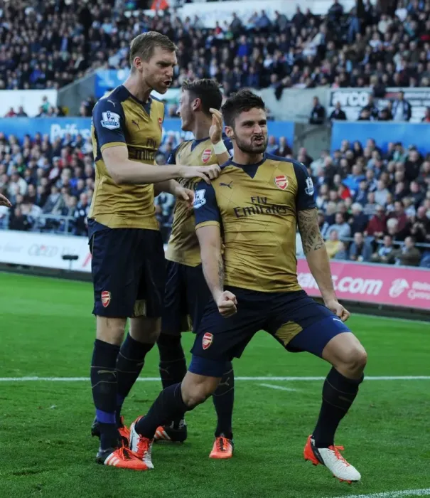 Framed Print : Arsenal's First Goal Celebration: Giroud and Mertesacker at Swansea City (2015-16)
