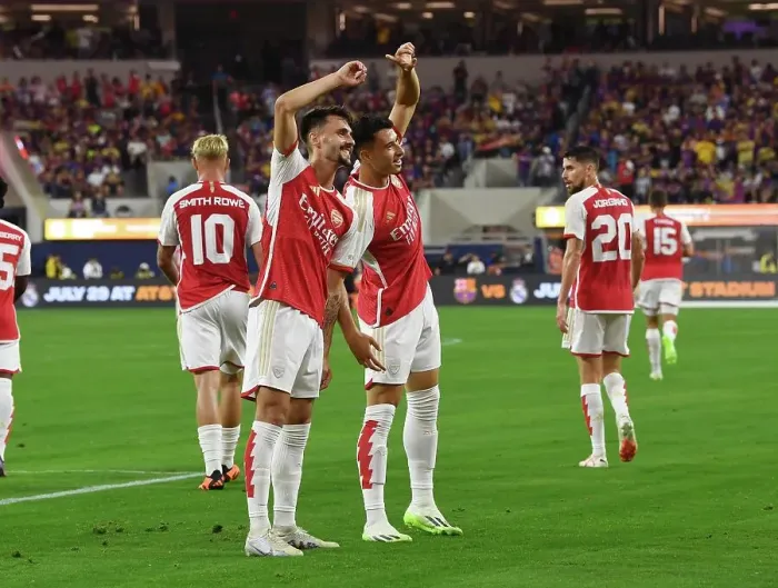 Framed Print : Arsenal's Five-Goal Blitz: Fabio Vieira and Gabriel Martinelli Celebrate against FC Barcelona (2023-24 Pre-Season Friendly) Framed Print : Arsenal's Five-Goal Blitz: Fabio Vieira and Gabriel Martinelli Celebrate against FC Barcelona (2023-24 Pre-Season Friendly)