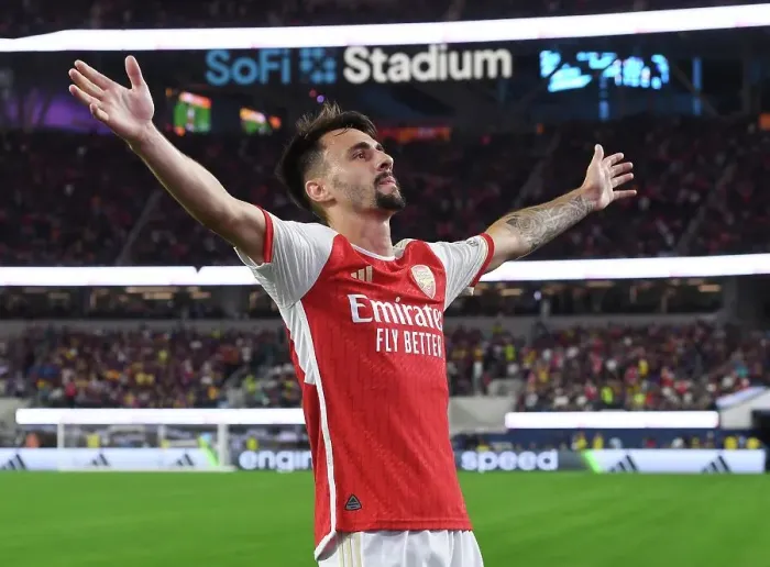 Framed Print : Arsenal's Five-Goal Blitz: Fabio Vieira Celebrates Against FC Barcelona in Pre-Season Friendly Framed Print : Arsenal's Five-Goal Blitz: Fabio Vieira Celebrates Against FC Barcelona in Pre-Season Friendly