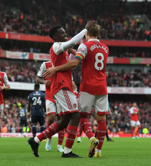 Framed Print : Arsenal's Five-Goal Blitz: Martin Odegaard and Eddie Nketiah Celebrate against Nottingham Forest (2022-23) Framed Print : Arsenal's Five-Goal Blitz: Martin Odegaard and Eddie Nketiah Celebrate against Nottingham Forest (2022-23)