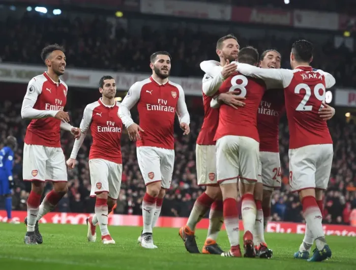 Framed Print : Arsenal's Five-Goal Blitz: Ramsey, Xhaka, Bellerin, Mustafi, Kolasinac, and Aubameyang Celebrate Against Everton (2017-18)