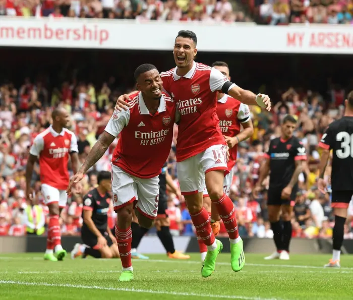 Framed Print : Arsenal's Five-Goal Rampage: Jesus and Martinelli Celebrate against Sevilla (Emirates Cup 2022)