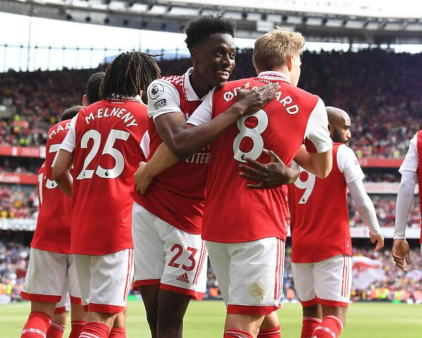 Arsenal's Five-Star Performance: Martin Odegaard and Albert Sambi Lokonga Celebrate Goals Against Everton (2021-22)