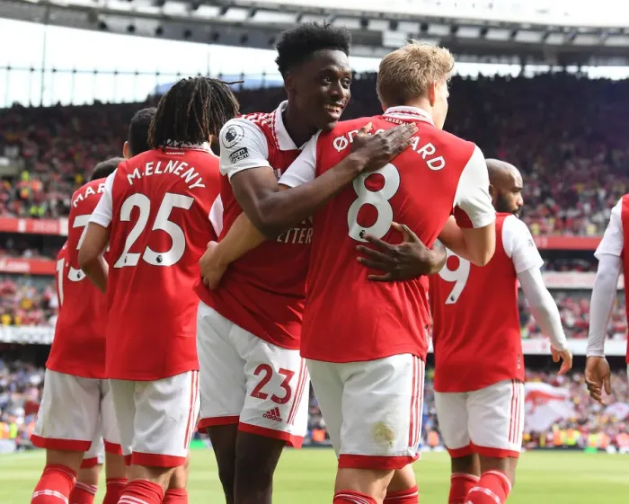 Framed Print : Arsenal's Five-Star Performance: Martin Odegaard and Albert Sambi Lokonga Celebrate Goals Against Everton (2021-22)
