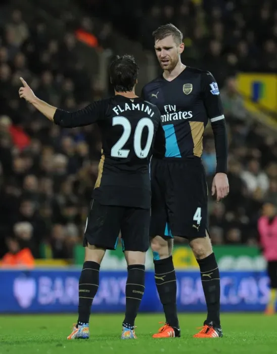 Framed Print : Arsenal's Flamini and Mertesacker in Deep Concentration during Norwich Clash (2015-16)