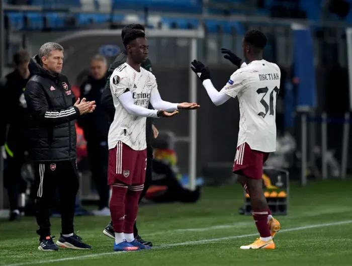Framed Print : Arsenal's Flo Balogun Substitutes In: Molde FK vs Arsenal FC - UEFA Europa League Group Stage