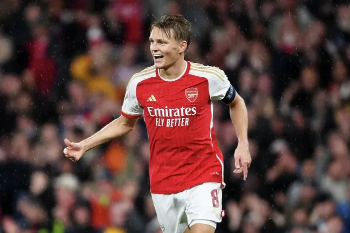 Framed Print : Arsenal's Four-Goal Blitz: Martin Odegaard Celebrates Against PSV Eindhoven in the 2023-24 UEFA Champions League Framed Print : Arsenal's Four-Goal Blitz: Martin Odegaard Celebrates Against PSV Eindhoven in the 2023-24 UEFA Champions League