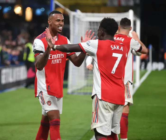 Framed Print : Arsenal's Four-Goal Rampage: Saka and Gabriel's Jubilant Moment at Stamford Bridge (April 2022)