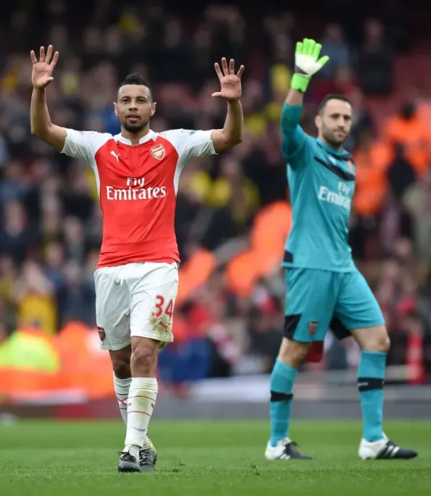 Framed Print : Arsenal's Francis Coquelin Celebrates Victory over Watford with Fans