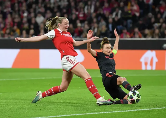 Framed Print : Arsenal's Frida Maanum Battles for Ball Control Against Bayern Munich in Women's Champions League Quarter-Final