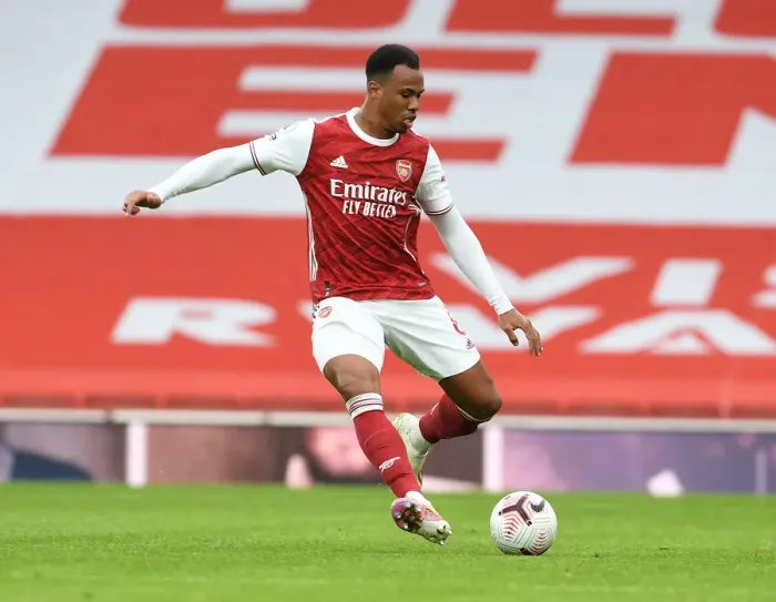 Framed Print : Arsenal's Gabriel in Action: 2020-21 Premier League Match vs. Sheffield United (Behind Closed Doors)