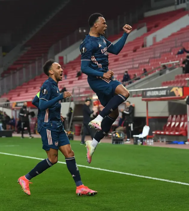 Framed Print : Arsenal's Gabriel and Aubameyang Celebrate Empty-Stadium Goals in Europa League Match vs. Olympiacos Framed Print : Arsenal's Gabriel and Aubameyang Celebrate Empty-Stadium Goals in Europa League Match vs. Olympiacos