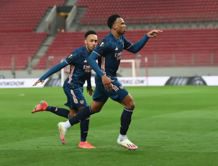 Framed Print : Arsenal's Gabriel and Aubameyang Celebrate Empty Europa League Goals (Olympiacos v Arsenal 2021)