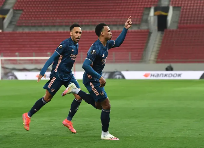 Framed Print : Arsenal's Gabriel and Aubameyang Celebrate Goals in Empty Karaiskakis Stadium during Olympiacos Clash in Europa League Framed Print : Arsenal's Gabriel and Aubameyang Celebrate Goals in Empty Karaiskakis Stadium during Olympiacos Clash in Europa League