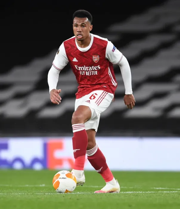 Framed Print : Arsenal's Gabriel in Europa League Quarterfinal: Arsenal FC vs Slavia Praha (Behind Closed Doors)
