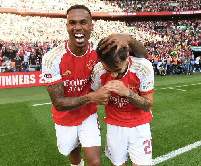 Framed Print : Arsenal's Gabriel and Fabio Vieira Celebrate Community Shield Victory Over Manchester City Framed Print : Arsenal's Gabriel and Fabio Vieira Celebrate Community Shield Victory Over Manchester City