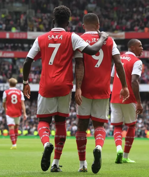 Framed Print : Arsenal's Gabriel Jesus and Bukayo Saka Celebrate Goals Against Tottenham in 2022-23 Premier League Framed Print : Arsenal's Gabriel Jesus and Bukayo Saka Celebrate Goals Against Tottenham in 2022-23 Premier League