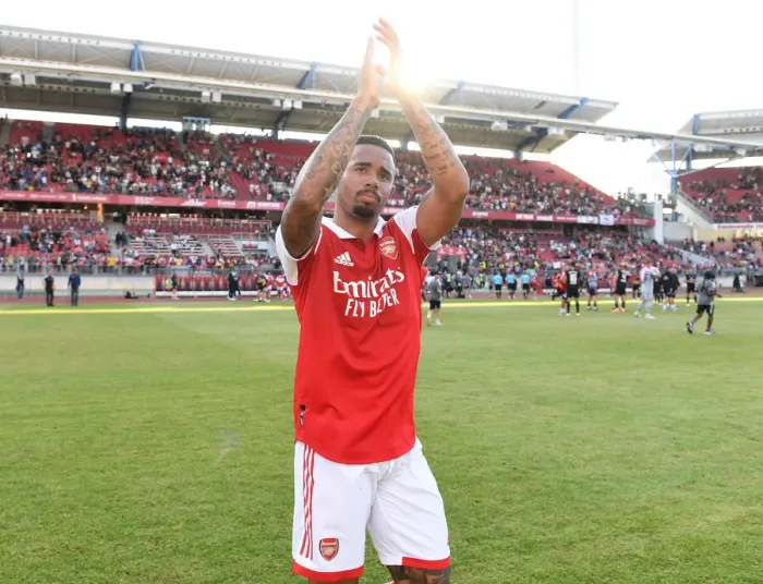 Framed Print : Arsenal's Gabriel Jesus Celebrates with Fans after Pre-Season Victory over FC Nurnberg (2022-23)