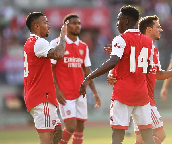 Arsenal's Gabriel Jesus and Eddie Nketiah Celebrate Goal Against 1. FC Nurnberg in Pre-Season Friendly