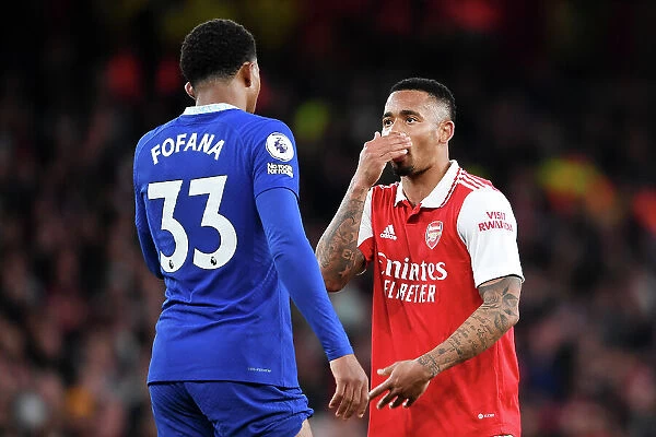 Arsenal's Gabriel Jesus Engages in a Conversation with Chelsea's Wesley Fofana during the 2022-23 Premier League Clash at Emirates Stadium