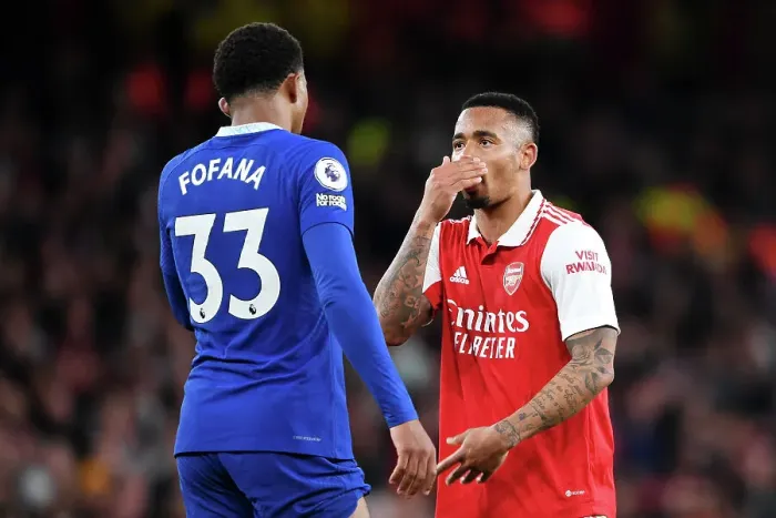 Framed Print : Arsenal's Gabriel Jesus Engages in a Conversation with Chelsea's Wesley Fofana during the 2022-23 Premier League Clash at Emirates Stadium