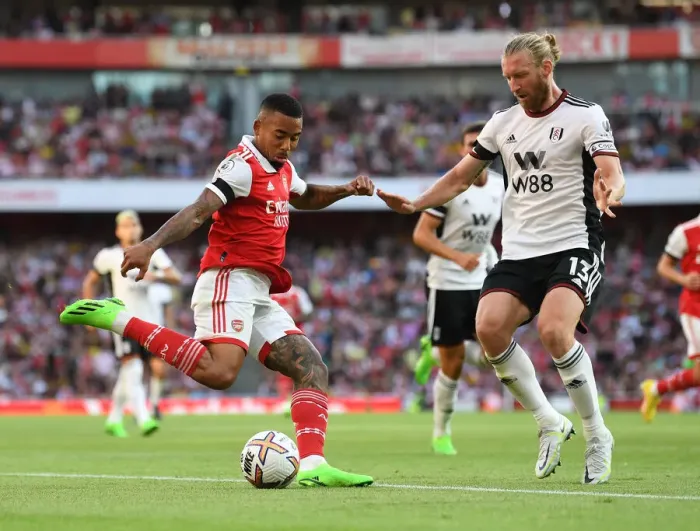 Framed Print : Arsenal's Gabriel Jesus Faces Off Against Fulham's Tim Ream in Premier League Clash Framed Print : Arsenal's Gabriel Jesus Faces Off Against Fulham's Tim Ream in Premier League Clash