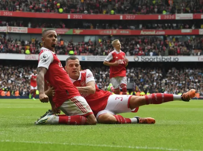 Framed Print : Arsenal's Gabriel Jesus and Granit Xhaka Celebrate Goals Against Tottenham in 2022-23 Premier League Framed Print : Arsenal's Gabriel Jesus and Granit Xhaka Celebrate Goals Against Tottenham in 2022-23 Premier League