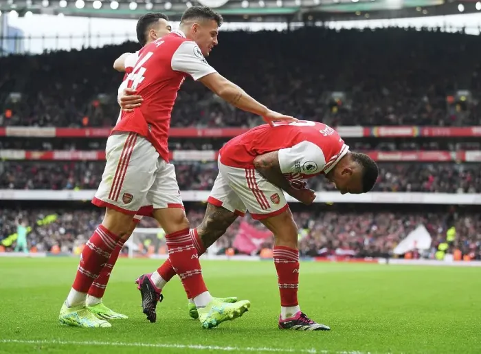 Framed Print : Arsenal's Gabriel Jesus and Granit Xhaka: Triumphant Goal Celebration vs. Leeds United, April 2023