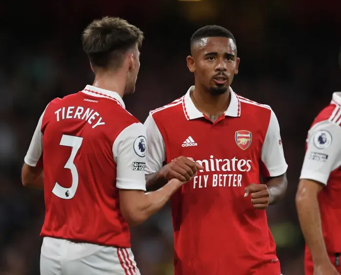 Framed Print : Arsenal's Gabriel Jesus and Kieran Tierney Celebrate First Goal vs. Aston Villa (2022-23)