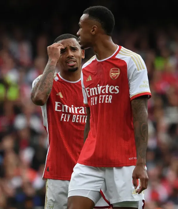 Framed Print : Arsenal's Gabriel Jesus and Magalhaes in Deep Conversation Amidst Arsenal v Tottenham Rivalry (2023-24)