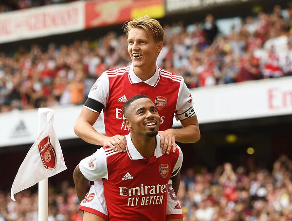 Arsenal's Gabriel Jesus and Martin Odegaard Celebrate Goals in Emirates Cup Match against Sevilla (2022)