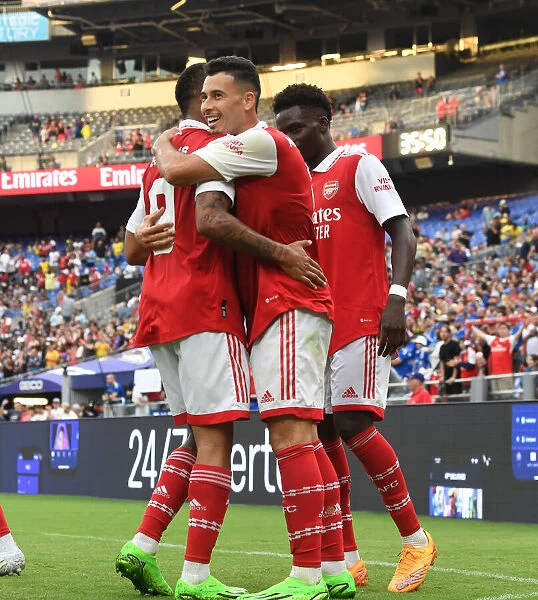 Arsenal's Gabriel Jesus and Martinelli Celebrate Goal in Pre-Season Friendly Against Everton