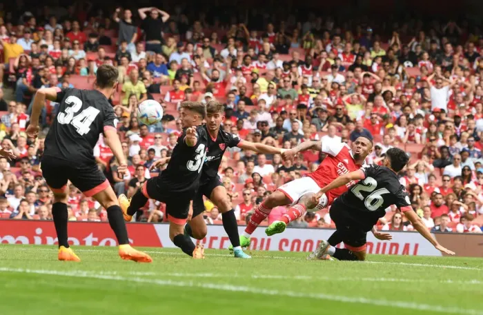 Framed Print : Arsenal's Gabriel Jesus Scores Stunning Fifth Goal in Emirates Cup Victory over Sevilla (5-1)