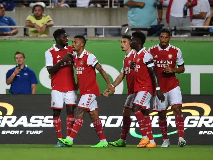 Framed Print : Arsenal's Gabriel Jesus and Thomas Partey Celebrate First Goal Against Chelsea in Florida Cup 2022-23