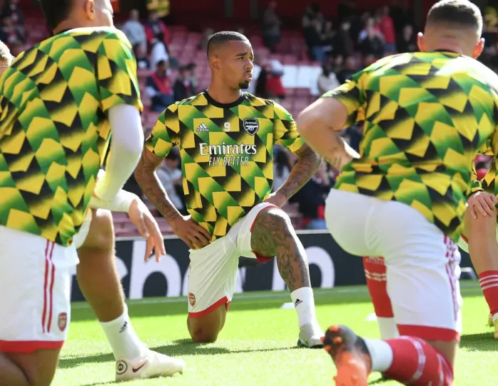 Framed Print : Arsenal's Gabriel Jesus Warms Up Ahead of Arsenal v Tottenham Showdown (2022-23)