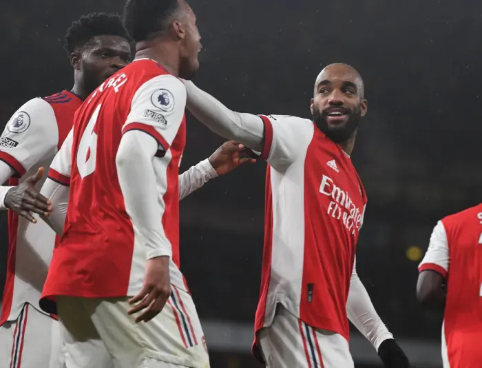Framed Print : Arsenal's Gabriel and Lacazette Celebrate Goals Against Southampton (2021-22)