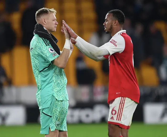 Framed Print : Arsenal's Gabriel Magalhaes and Aaron Ramsdale Celebrate Victory over Wolverhampton Wanderers in the 2022-23 Premier League