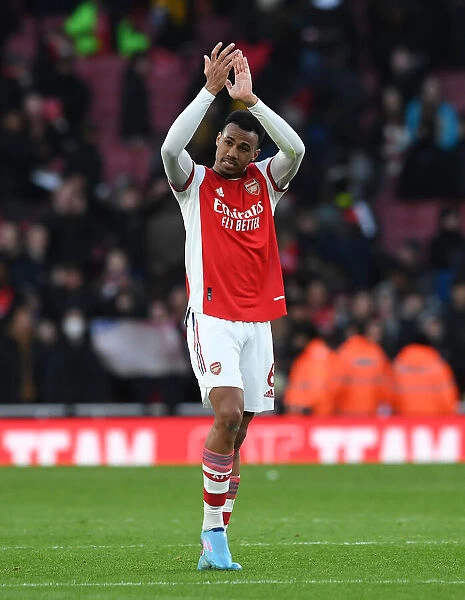 Arsenal's Gabriel Magalhaes Celebrates with Fans after Arsenal v Brentford Match