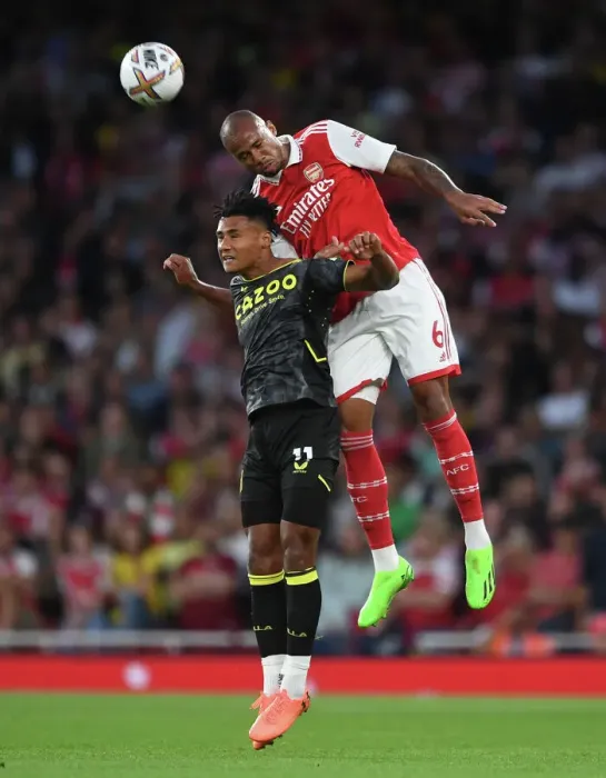 Framed Print : Arsenal's Gabriel Magalhaes Heads Ball Against Aston Villa in 2022-23 Premier League Clash
