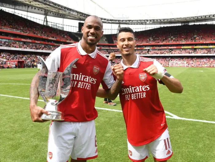 Framed Print : Arsenal's Gabriel Magalhaes and Martinelli Lift Emirates Cup after Arsenal vs Sevilla Friendly Framed Print : Arsenal's Gabriel Magalhaes and Martinelli Lift Emirates Cup after Arsenal vs Sevilla Friendly