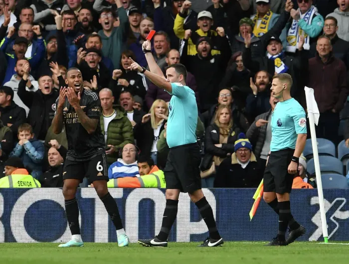 Framed Print : Arsenal's Gabriel Magalhaes Red-Carded in Leeds United Clash (2022-23)