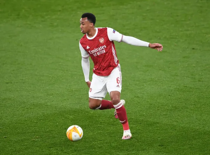 Framed Print : Arsenal's Gabriel Magalhaes in UEFA Europa League Action vs Olympiacos (Behind Closed Doors)