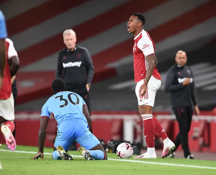Framed Print : Arsenal's Gabriel Protests Referee Decision Against West Ham's Antonio (2020-21) Framed Print : Arsenal's Gabriel Protests Referee Decision Against West Ham's Antonio (2020-21)