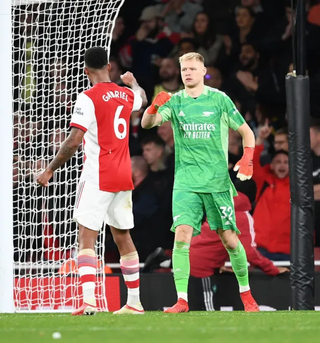 Framed Print : Arsenal's Gabriel and Ramsdale in Action: Arsenal vs. Aston Villa, Premier League 2021-22