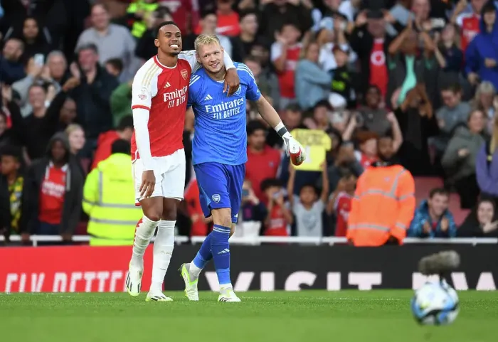 Framed Print : Arsenal's Gabriel and Ramsdale in Action: Emirates Cup Clash 2023-24 - Arsenal FC vs AS Monaco
