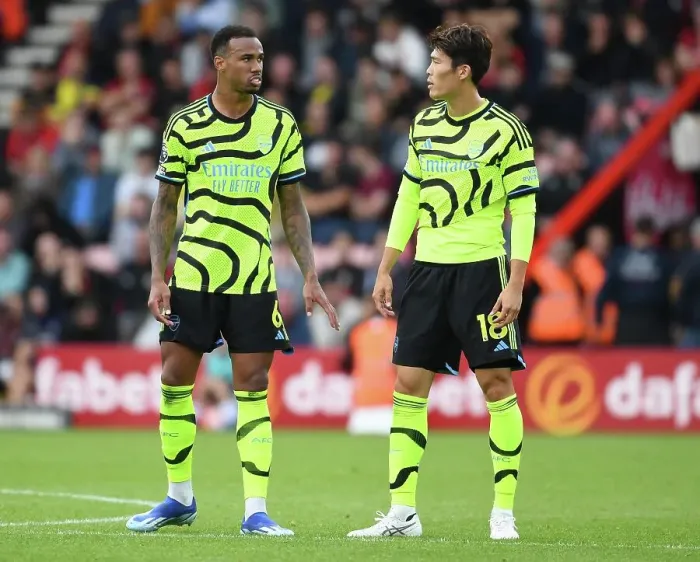 Framed Print : Arsenal's Gabriel and Tomiyasu in Deep Conversation during AFC Bournemouth Clash (2023-24) Framed Print : Arsenal's Gabriel and Tomiyasu in Deep Conversation during AFC Bournemouth Clash (2023-24)