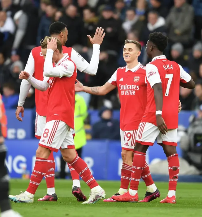 Framed Print : Arsenal's Gabriel, Trossard, and Saka in Action against Leicester City - Premier League 2022-23