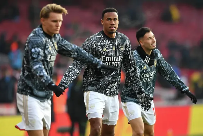 Framed Print : Arsenal's Gabriel Warming Up Ahead of Arsenal v Wolverhampton Wanderers, Premier League 2023-24