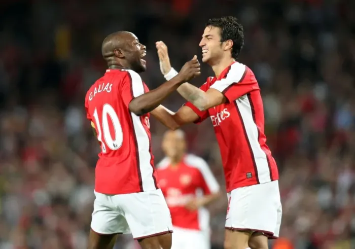 Framed Print : Arsenal's Gallas and Fabregas Celebrate Double Strike against FC Twente in Champions League Framed Print : Arsenal's Gallas and Fabregas Celebrate Double Strike against FC Twente in Champions League